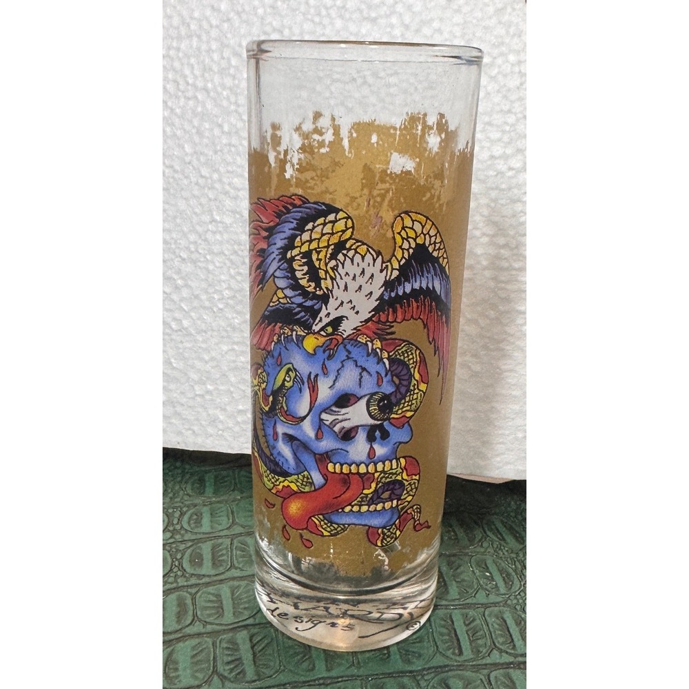 Vintage Don Ed Hardy Designs‎ Skull Eagle Snake Highball Glass Tattoo Art, Y2K